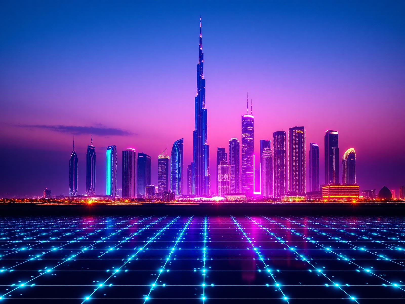Dubai skyline at night with neon AI grid